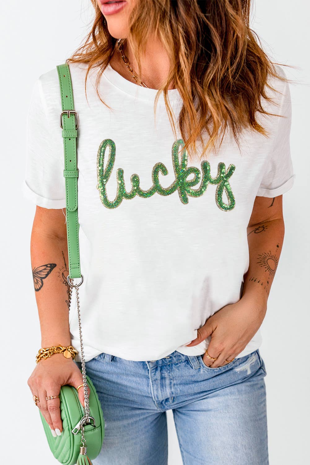 LDC Sequined Lucky St.Patricks Day Graphic Tee: White / L