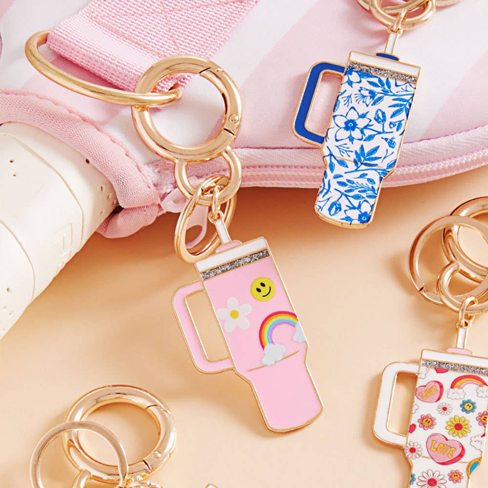 Enamel Floral Tumbler Back Engraved Keychain Bag Charm: Blue