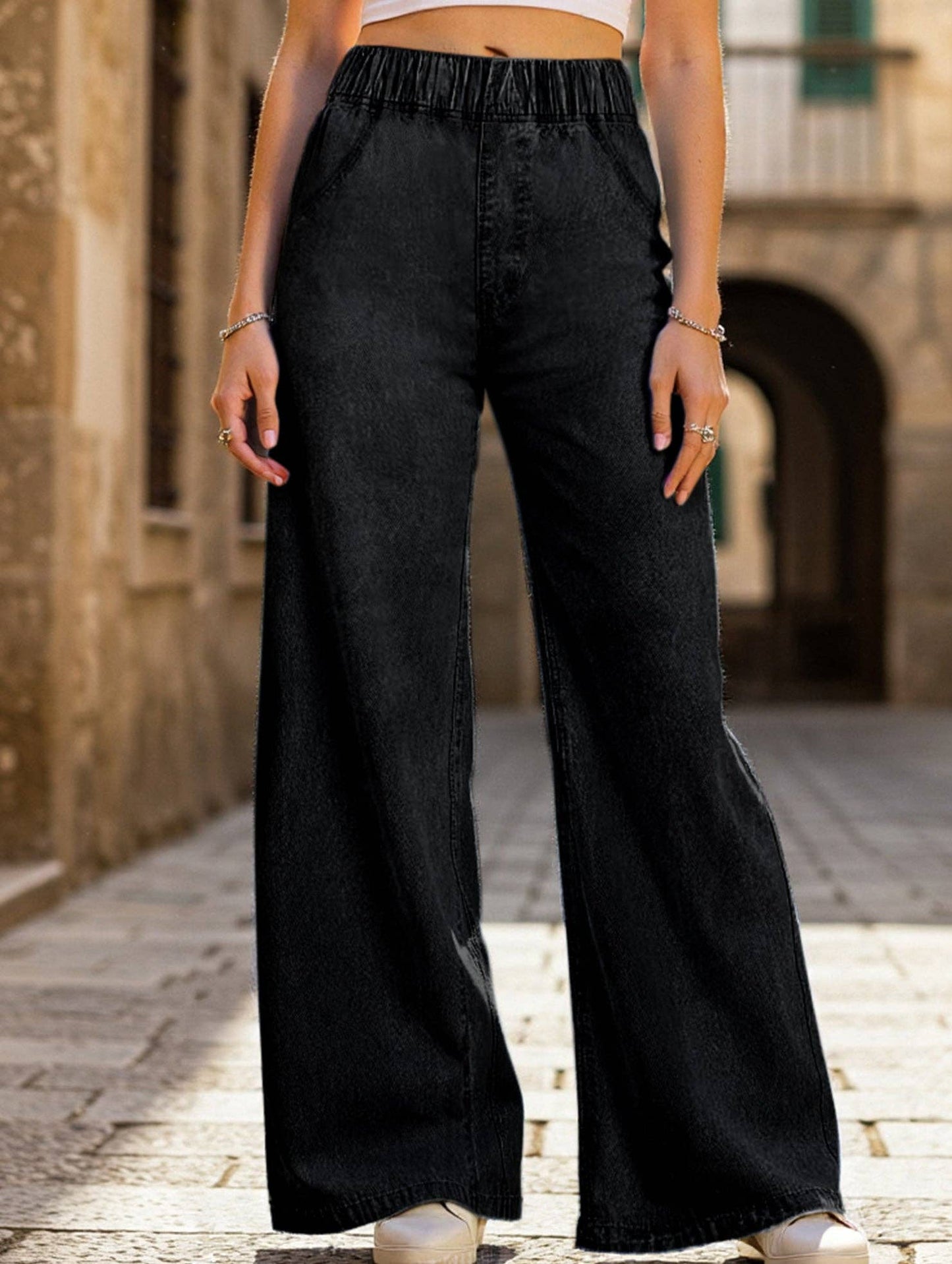Wide-leg plus-size elastic waist jeans: DARKBLUE / (S) 1