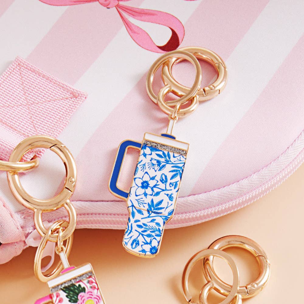 Enamel Floral Tumbler Back Engraved Keychain Bag Charm: Blue