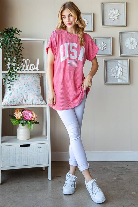 ET7523-11 SOLID RIBBED USA LETTERING TOP: CORAL / 2-2-2 (S-M-L)