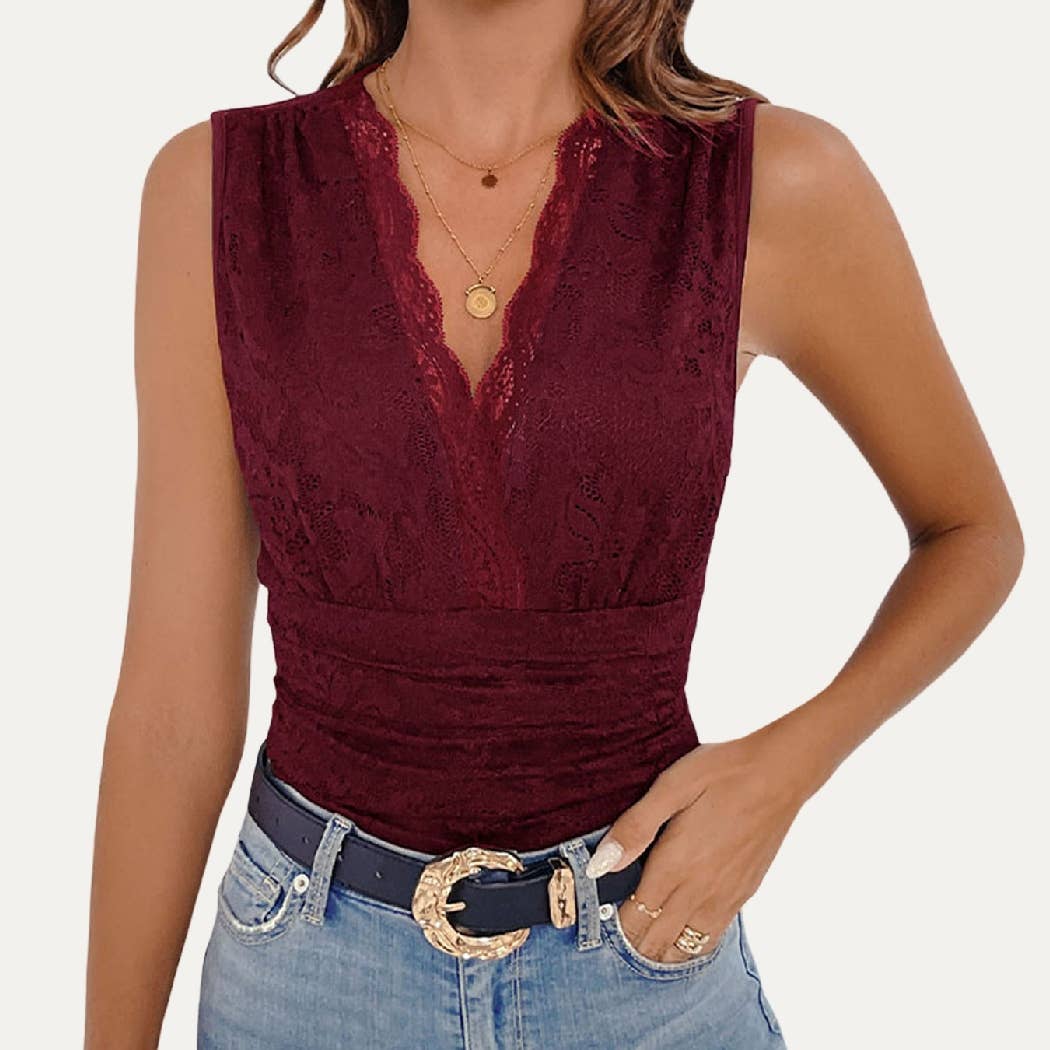 Catch Up Soft Floral Lace Sheer Sleeveless Bodysuit: Burgundy / XL