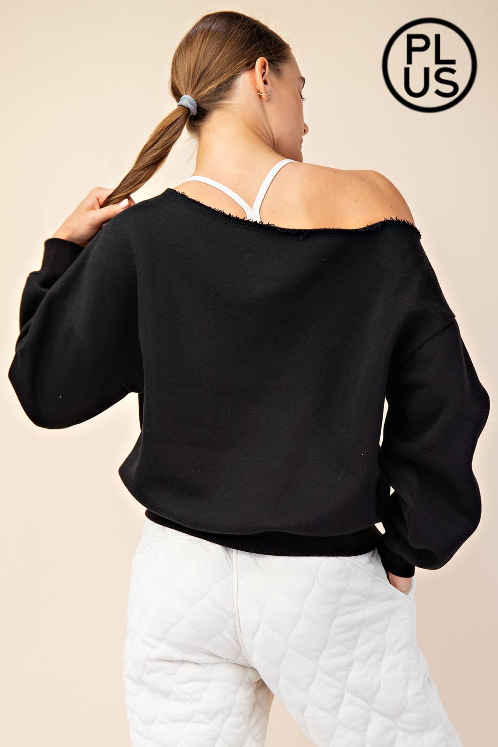 PLUS SIZE FRENCH TERRY FLEECE OFF SHOULDER SWEATSHIRT: Eucalyptus / 1X-2X-3X(3-2-1)