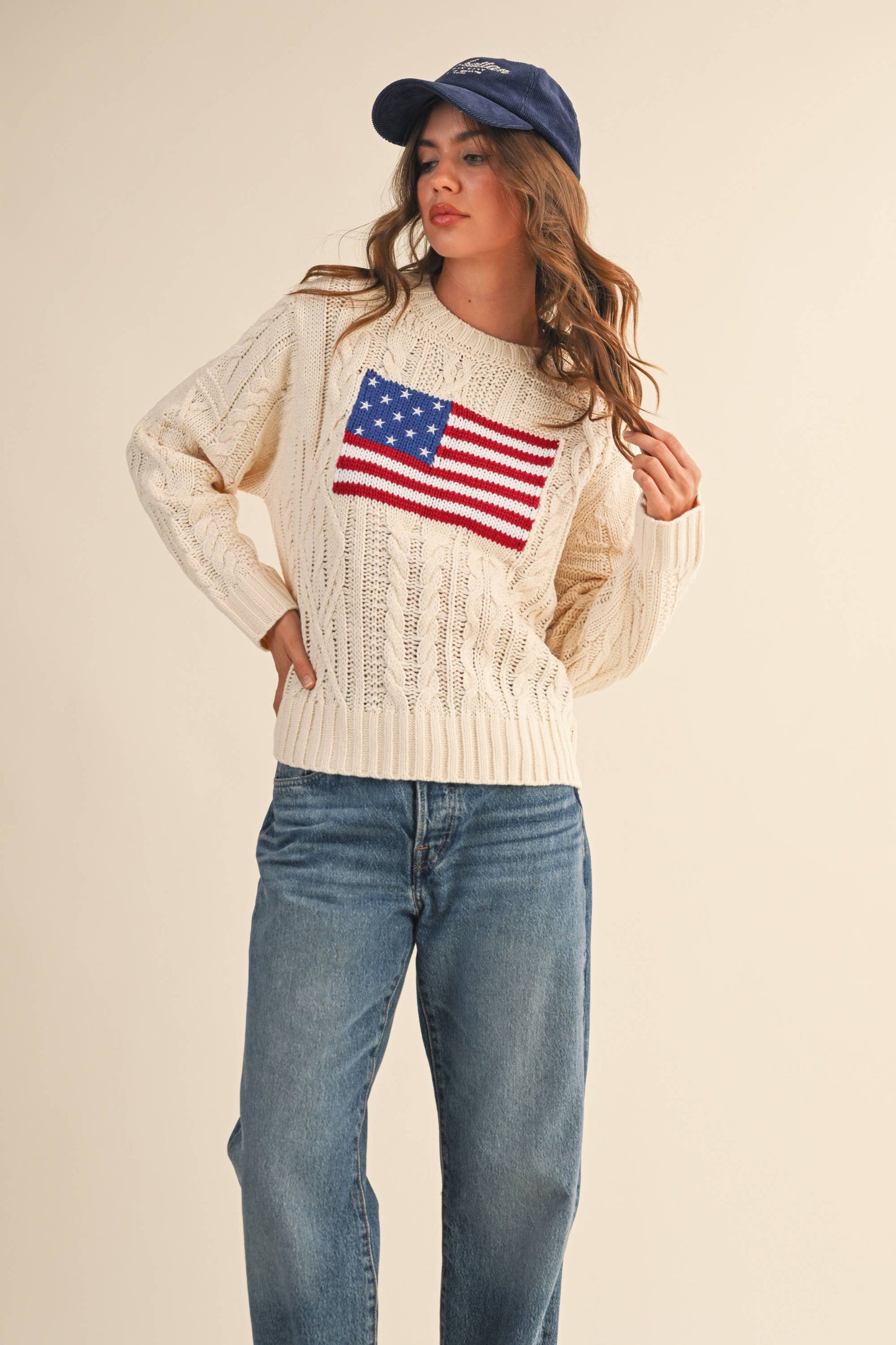 IT4473 USA FLAG CABLE KNIT SWEATER: CREAM / S