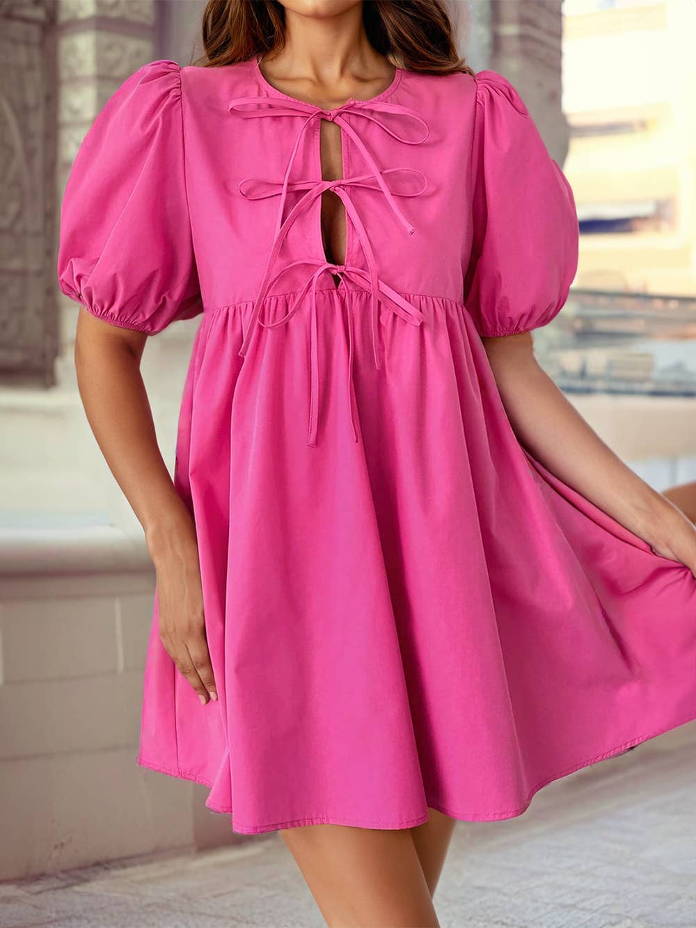 Tie Front Puff Sleeve Mini Dress: Bright Pink / M