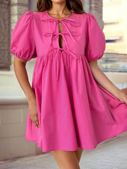 Tie Front Puff Sleeve Mini Dress: Bright Pink / M