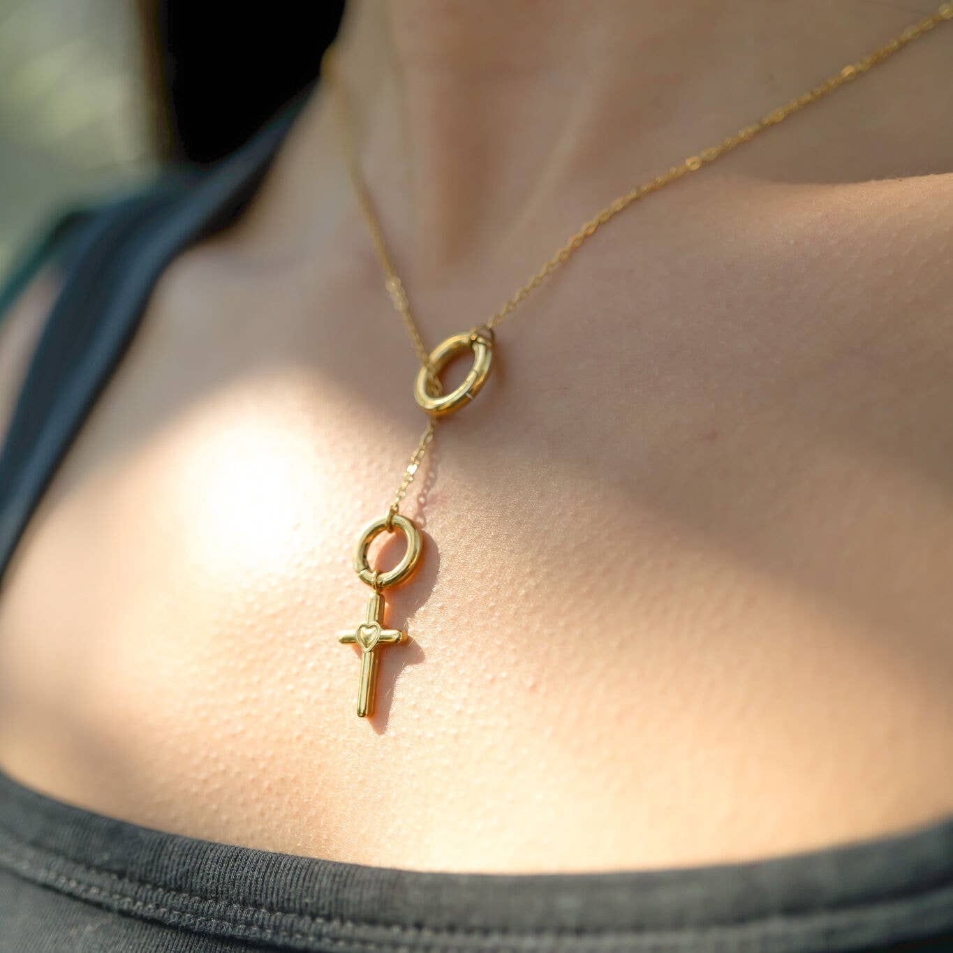 18K Gold PVD Stainless Steel Heart in Cross Charm: Gold