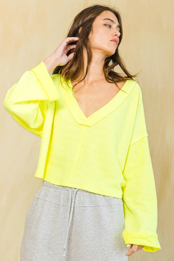 T2240 Cutout Back Adjustable Tie Pullover Crop Top: NEON YELLOW / S-M-L (2-2-2)