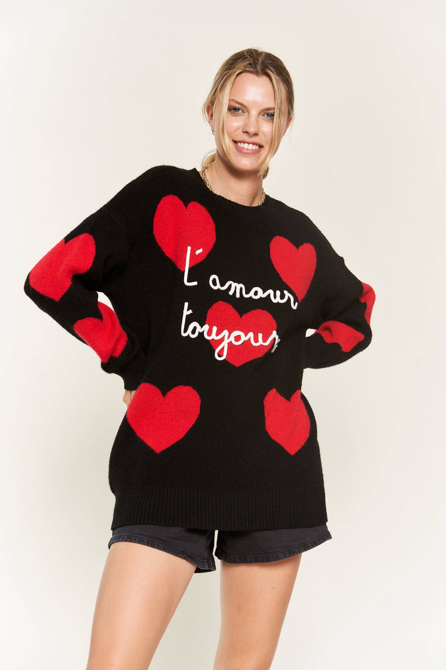 VALENTINE'S HEART PRINT OVERSIZED SWEATER: L/XL