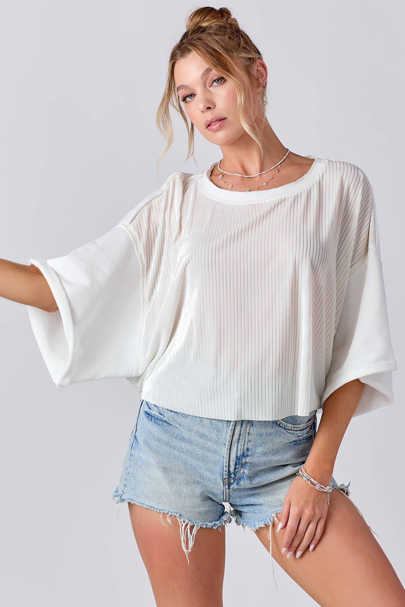 Mixed Fabric Round Neck Knit Top: PINK / L