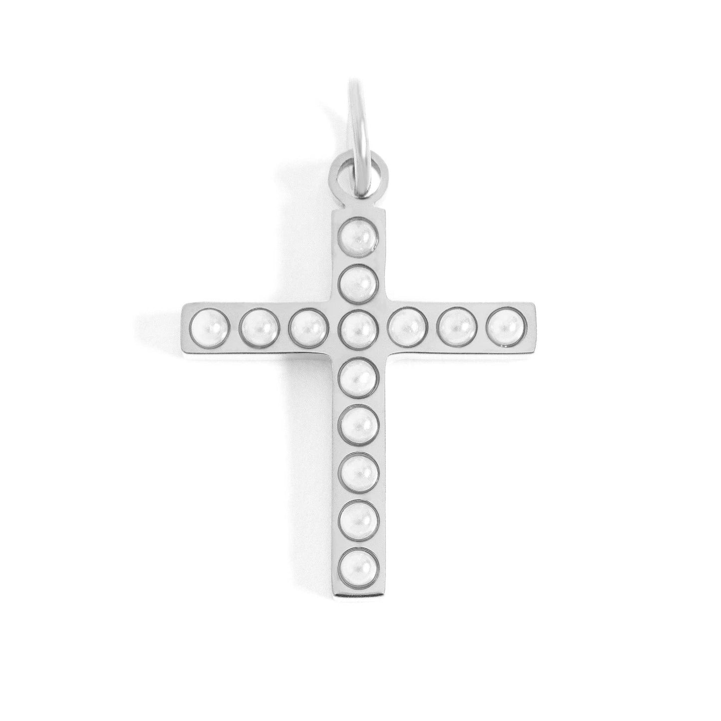 18K Gold PVD Stainless Steel Pearl Beaded Cross Charm: Stainless / 15mm