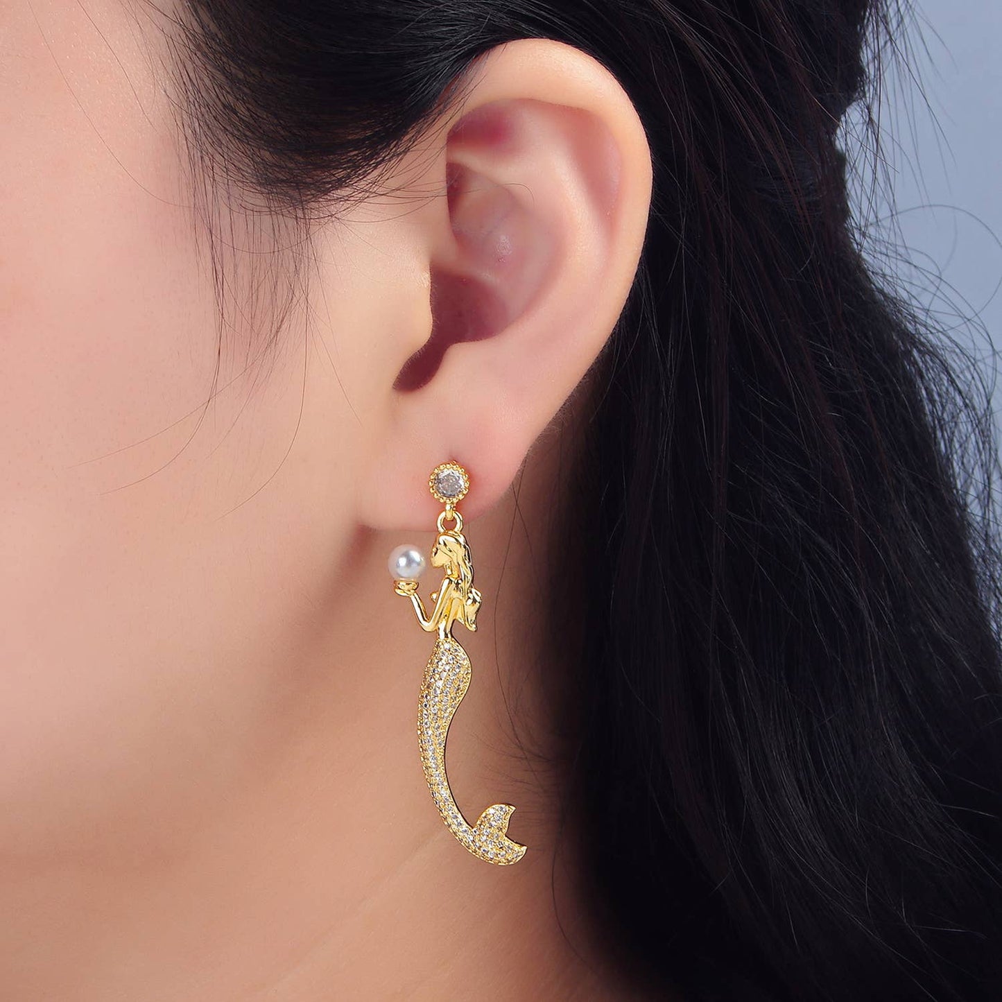 24K Gold Filled CZ Mermaid Drop Stud Earrings | P111