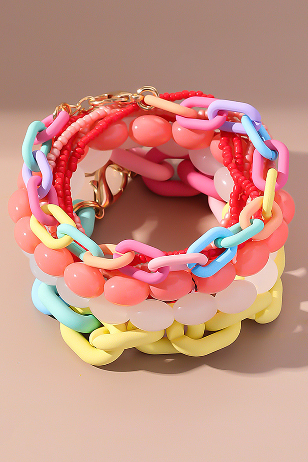 LDC Colorful Beaded Chain Link Layered Bracelet Set: Pink