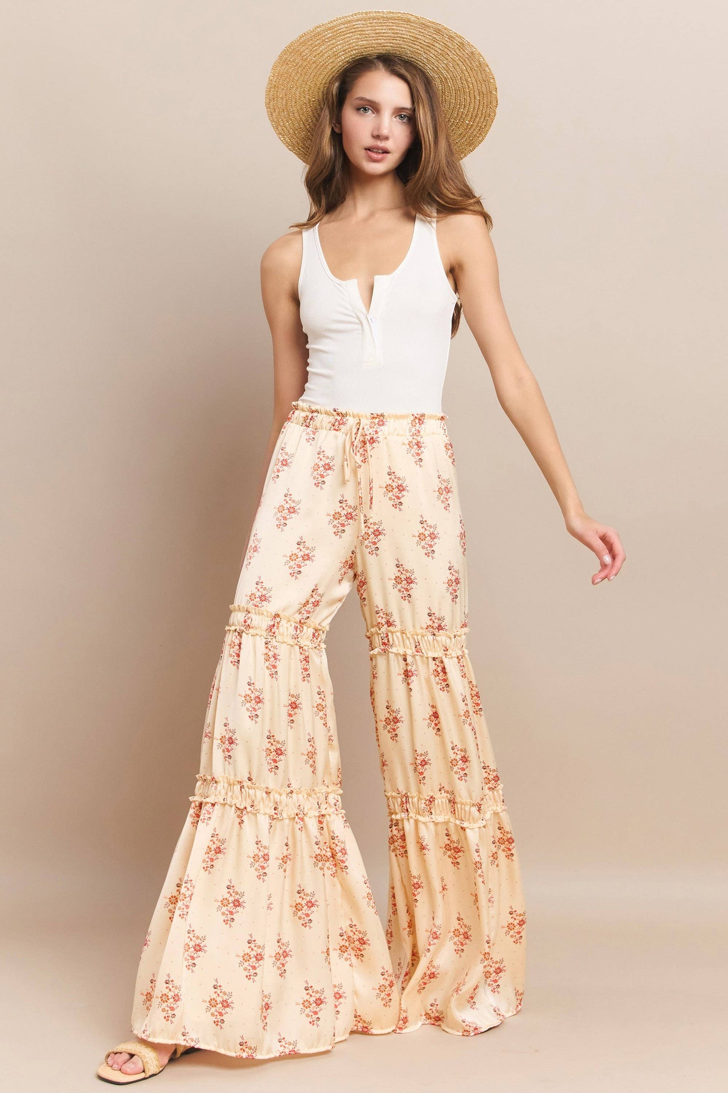 SATEEN FLORAL PRINT TIERED PALAZZO PANTS W2373PB BEIGE : Beige / L