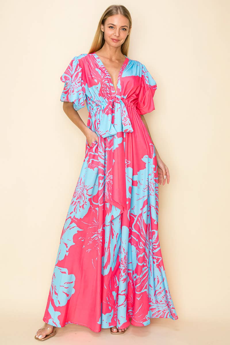 PRINTED V NECK MAXI DRESS WITH POCKETS