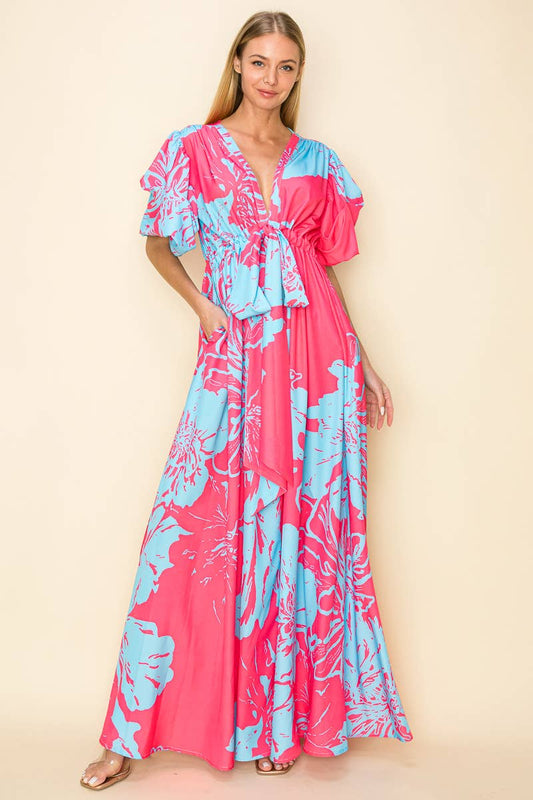 PRINTED V NECK MAXI DRESS WITH POCKETS