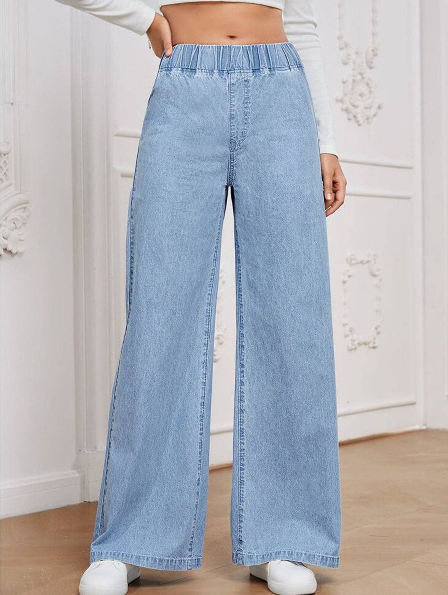 Wide-leg plus-size elastic waist jeans: DARKBLUE / (2XL) 1