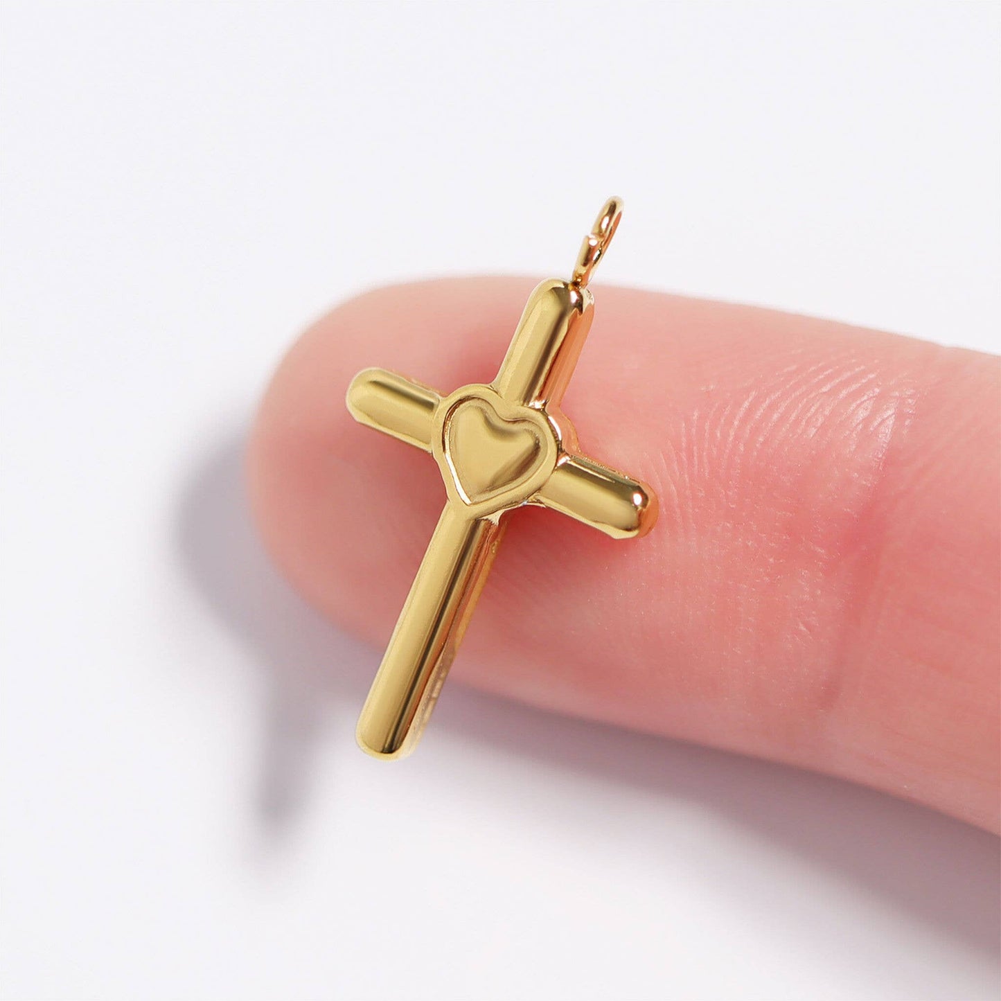 18K Gold PVD Stainless Steel Heart in Cross Charm: Gold
