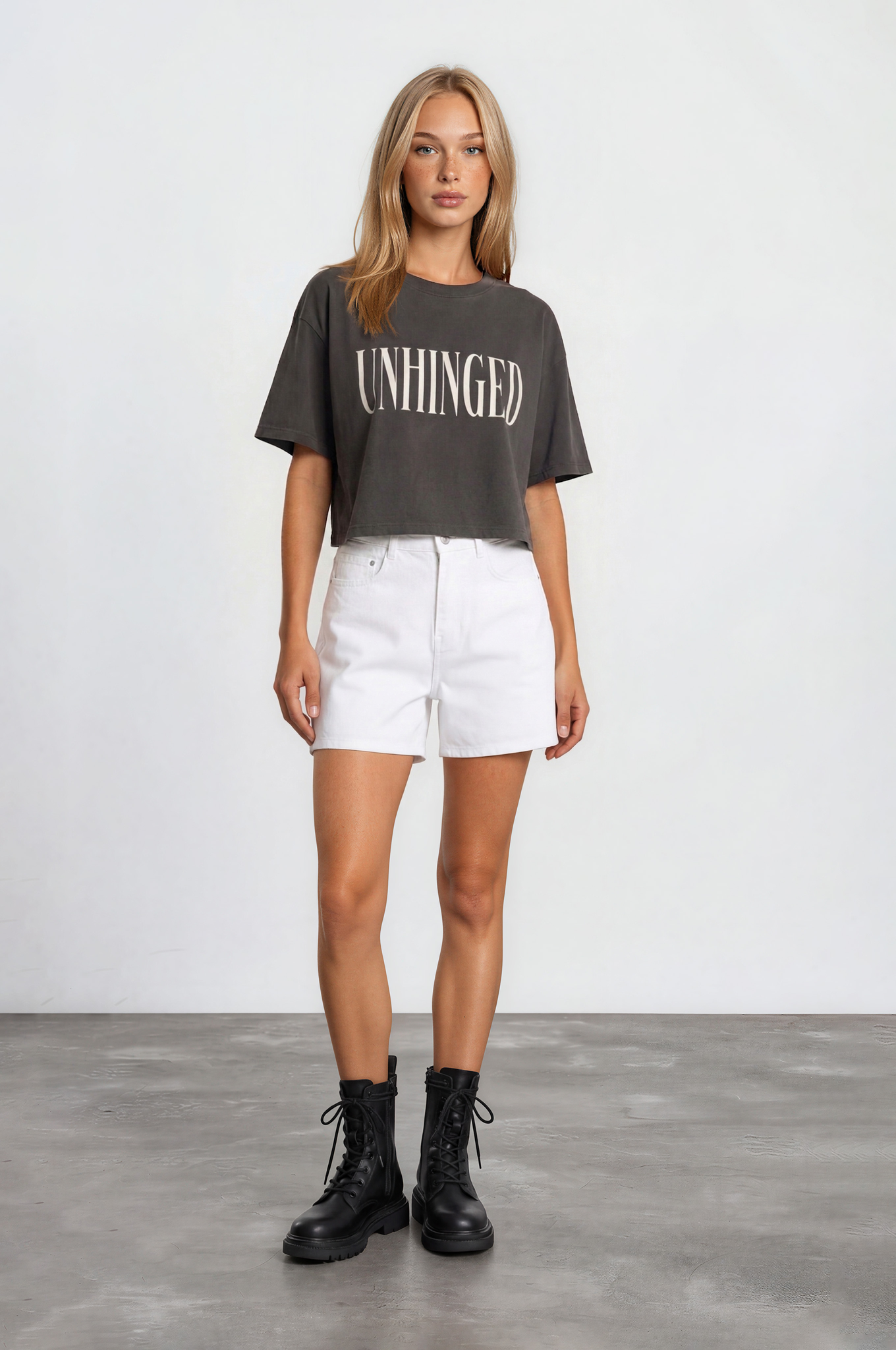 Unhinged Garment Dye Crop Tee: Pepper / L
