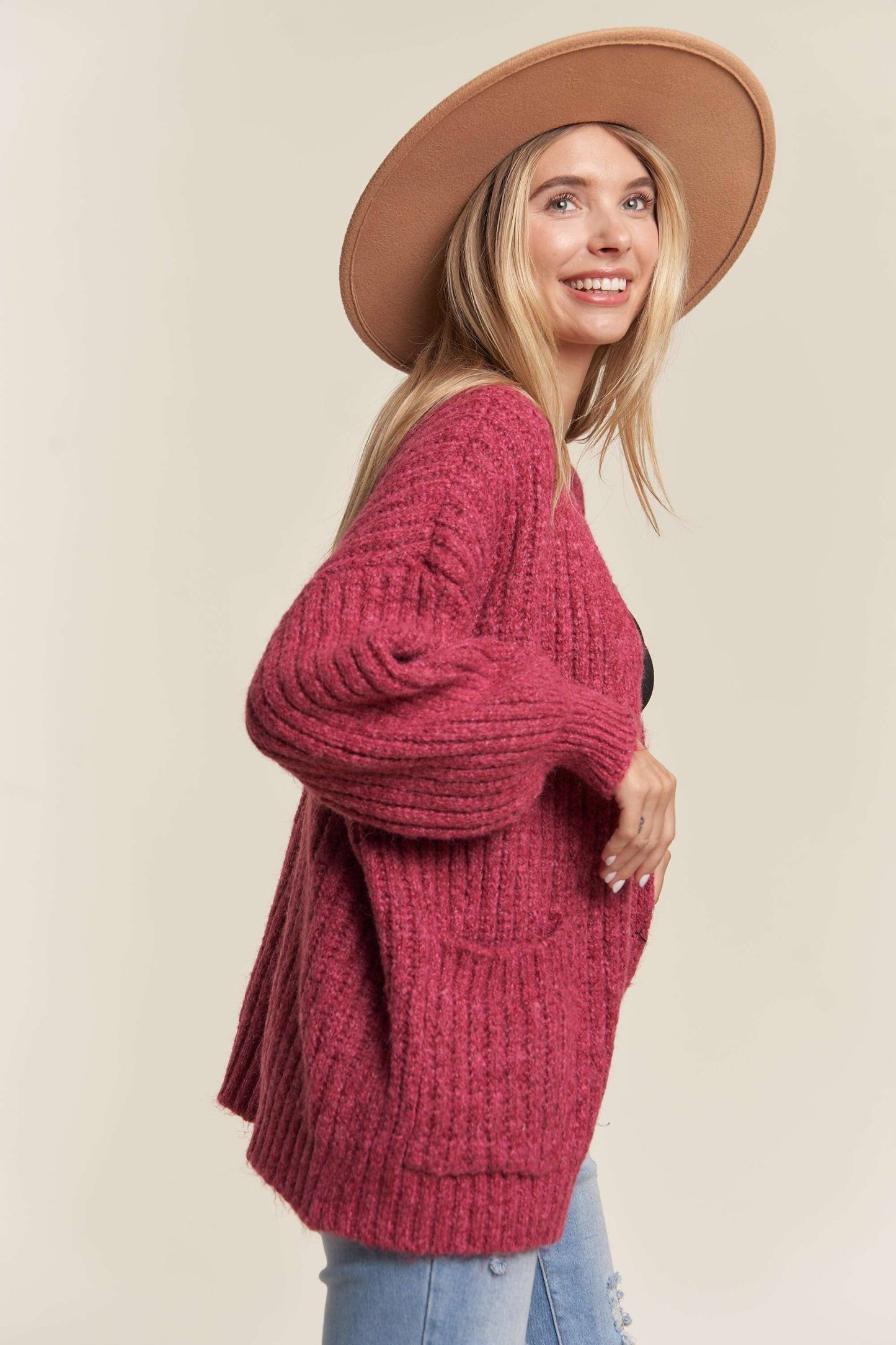 LESW3441A -  BUTTON DOWN COZY SWEATER CARDIGAN: HOT PINK / M/L