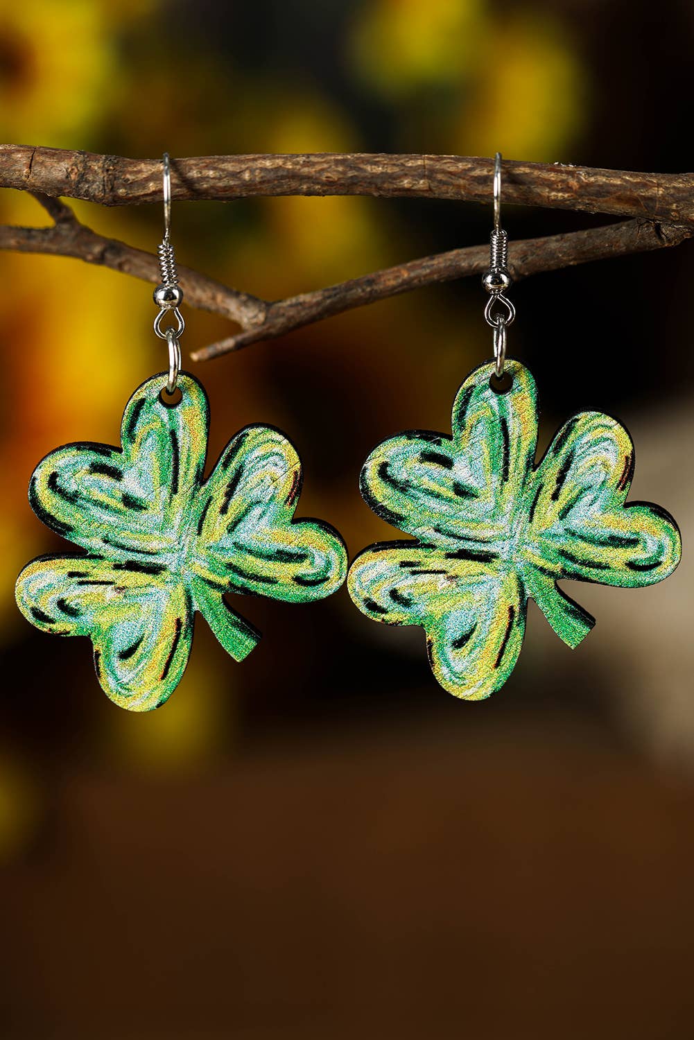 St. Patrick Painted Shamrock Shape Drop Earrings: Light Green