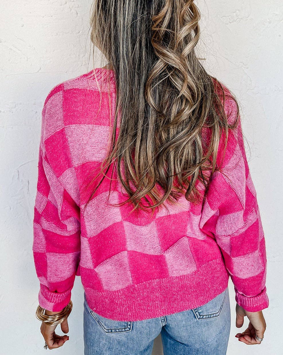 Checker Drop Shoulder V-Neck Cardigan: Pink / XL