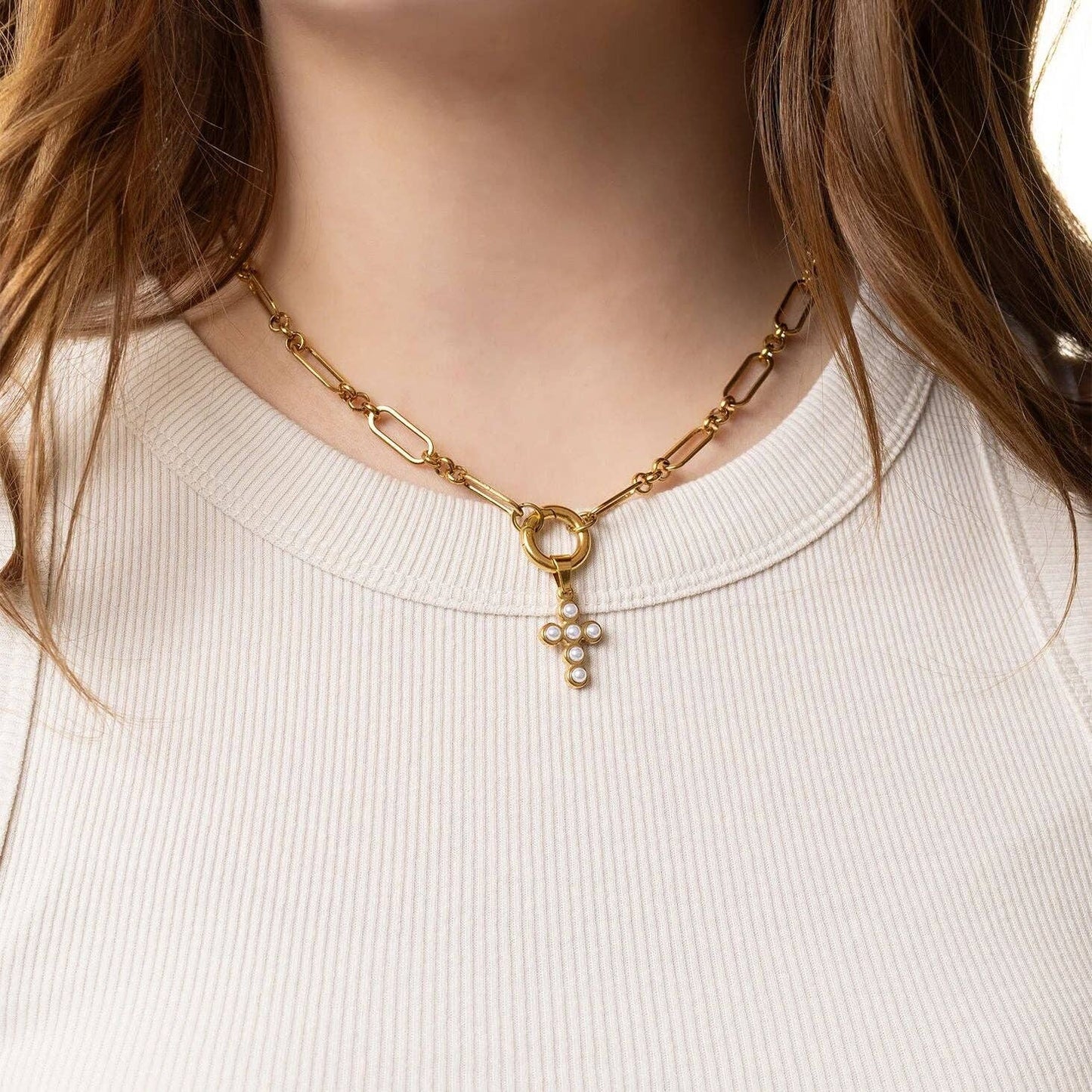 18K Gold PVD Stainless Steel Pearl Cross Charm: Gold