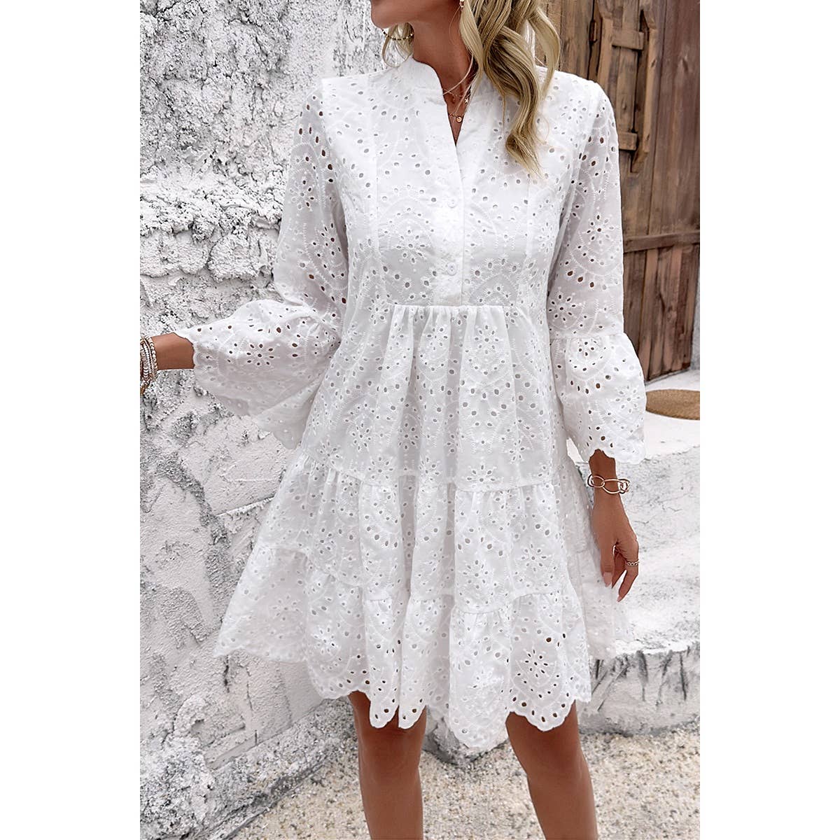 V Neck Button Flared Sleeves Hollow Out Lace Dress: WHITE / XL