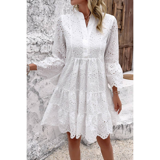 V Neck Button Flared Sleeves Hollow Out Lace Dress: WHITE / M