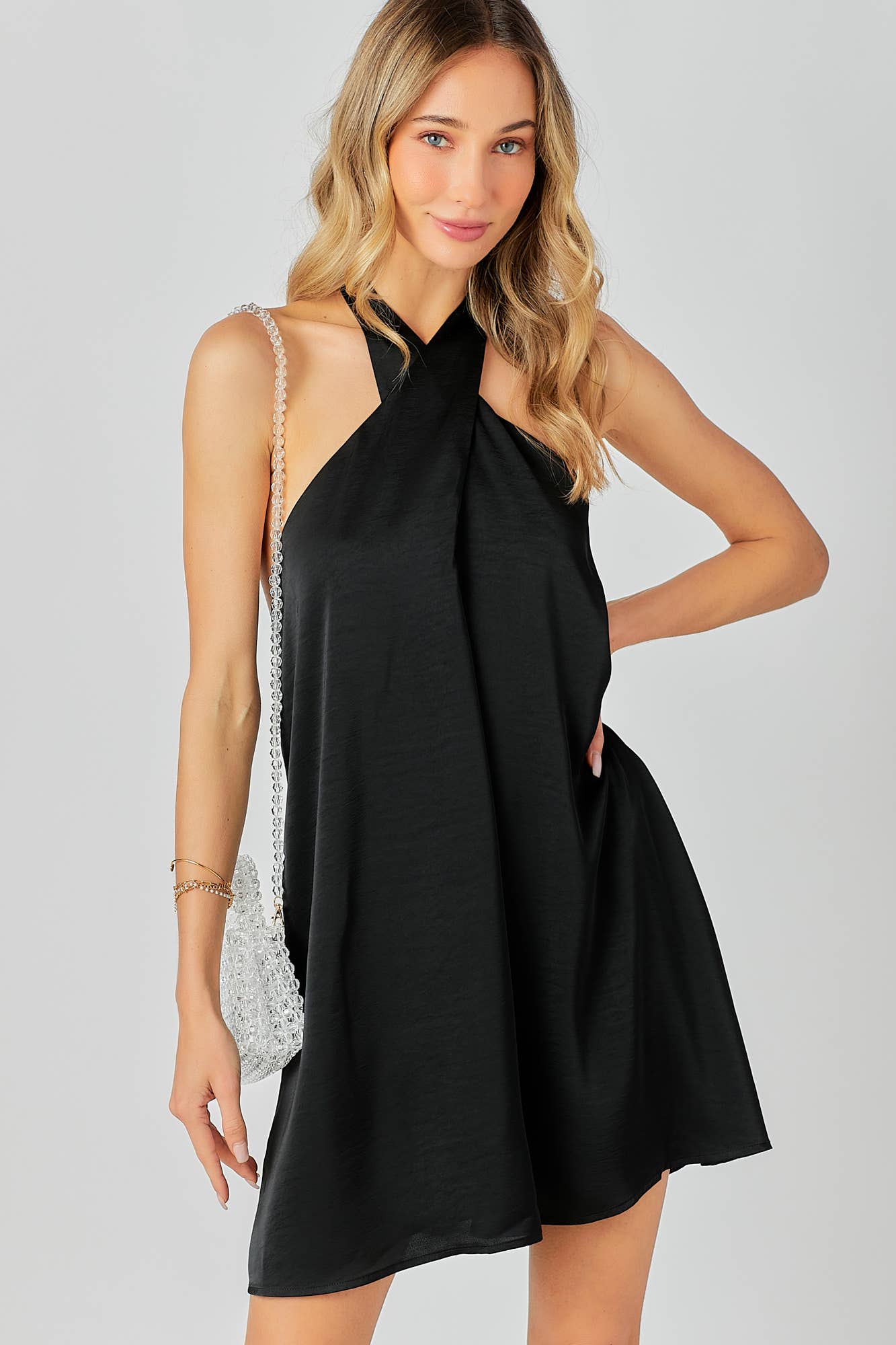 Halter Cross Neck Dress: BLACK / M