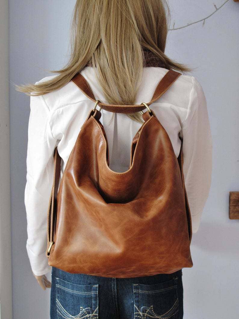 Faux leather crossbody bag backpack: Brown / M