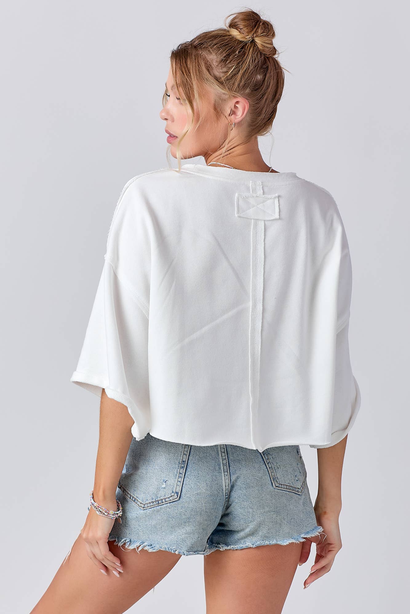 Mixed Fabric Round Neck Knit Top: IVORY / S