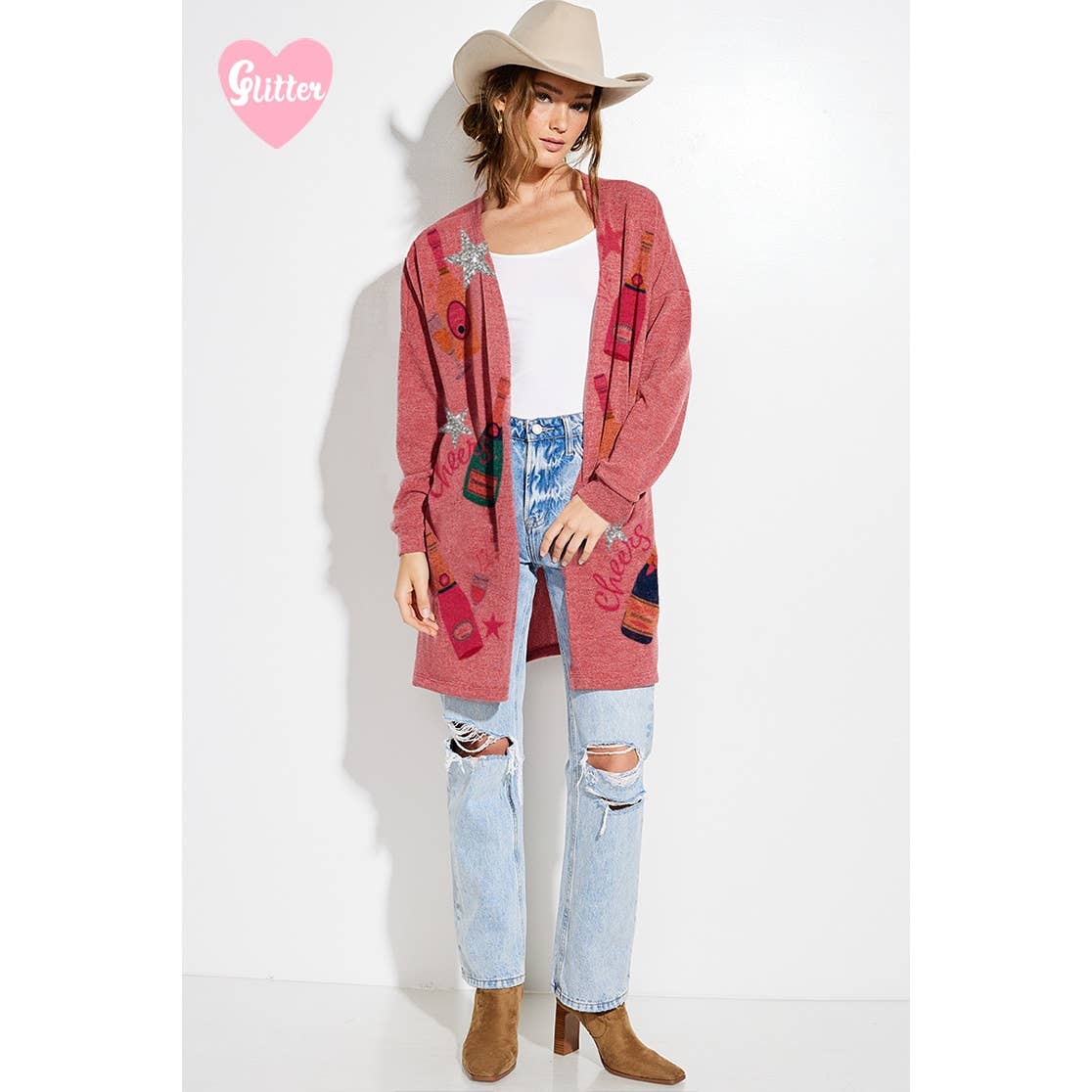 Holiday Cheers Glitter print Knit Cardigan: KHAKI / M