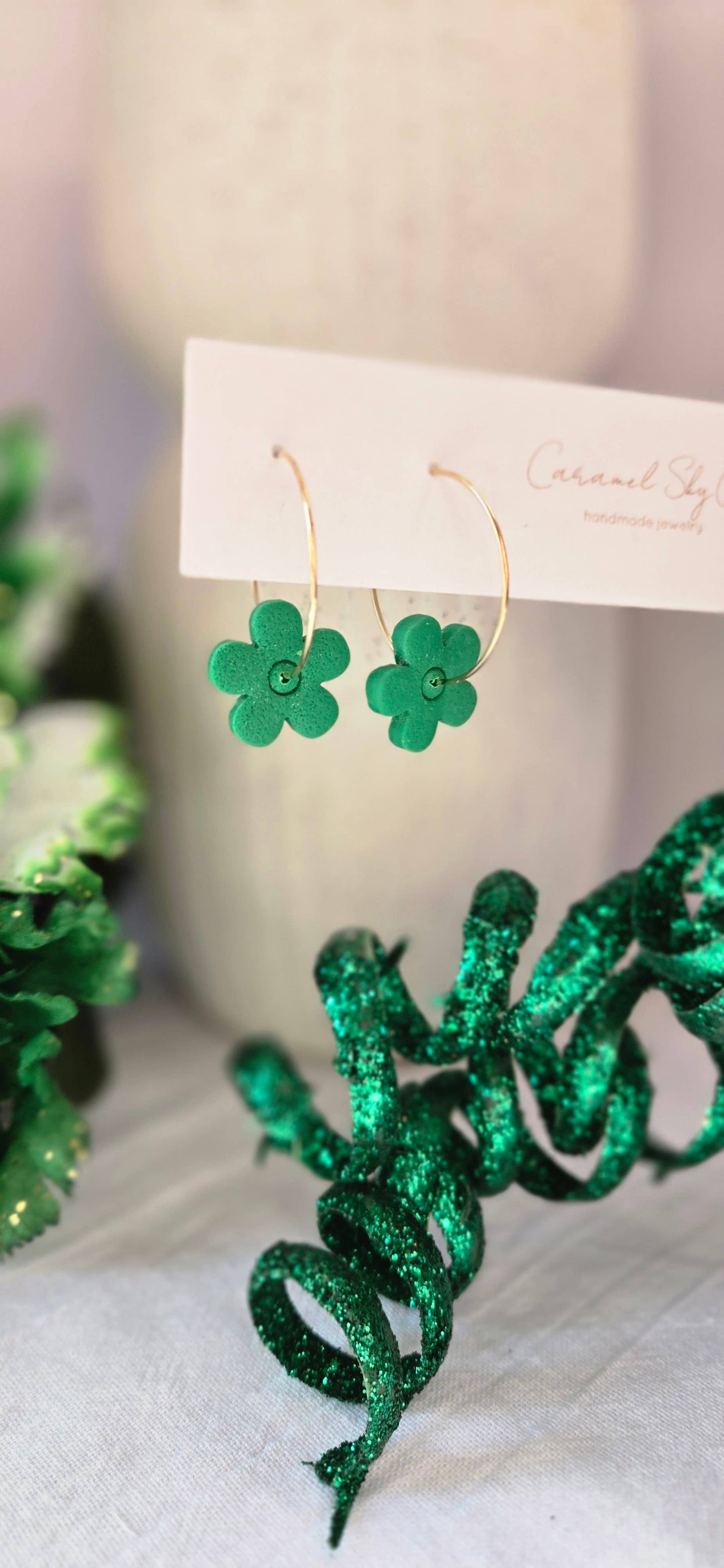 St. Patrick's Day Flower Hoop Earrings, Green Flower Earring