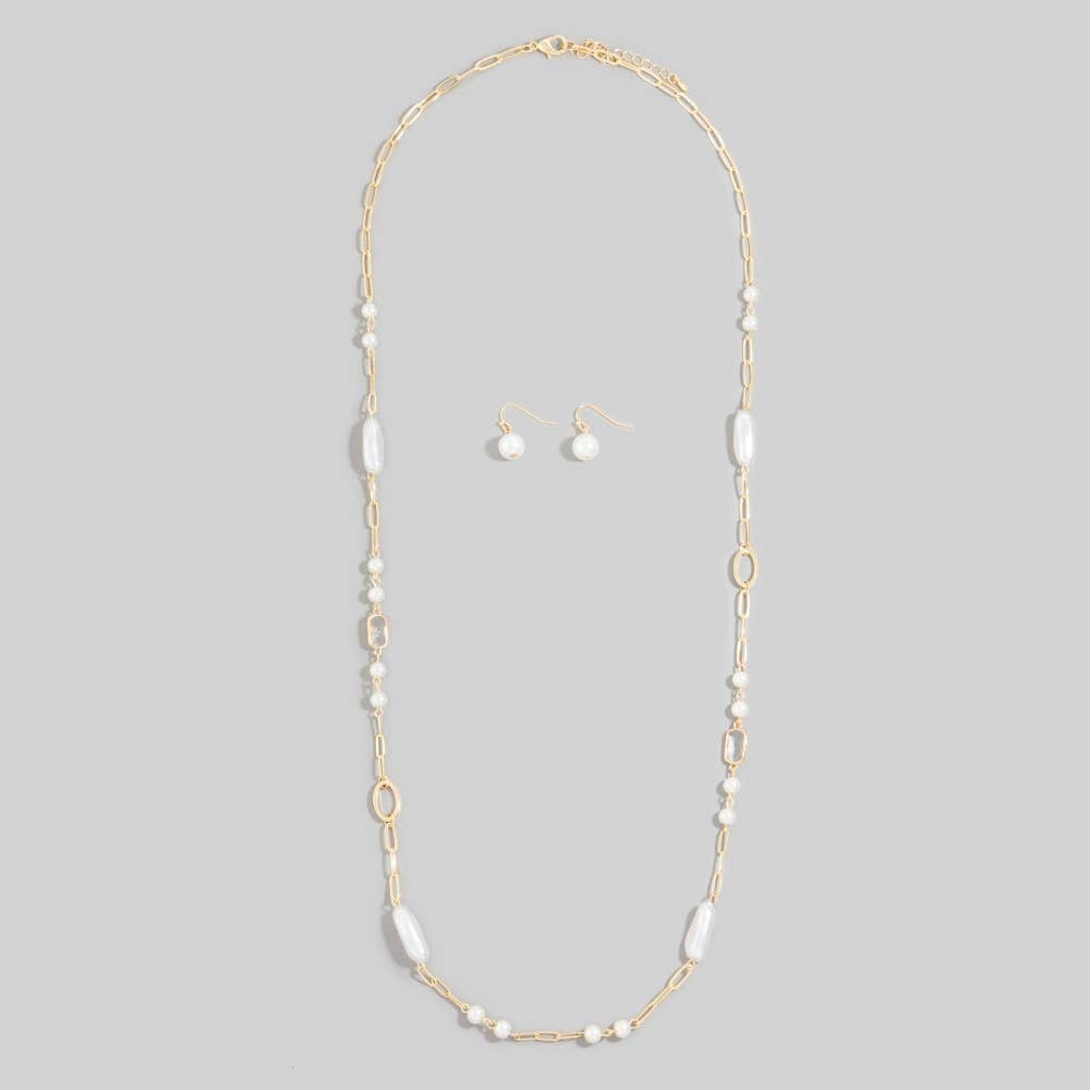 Long Pearl Station Chain Necklace Set: GD