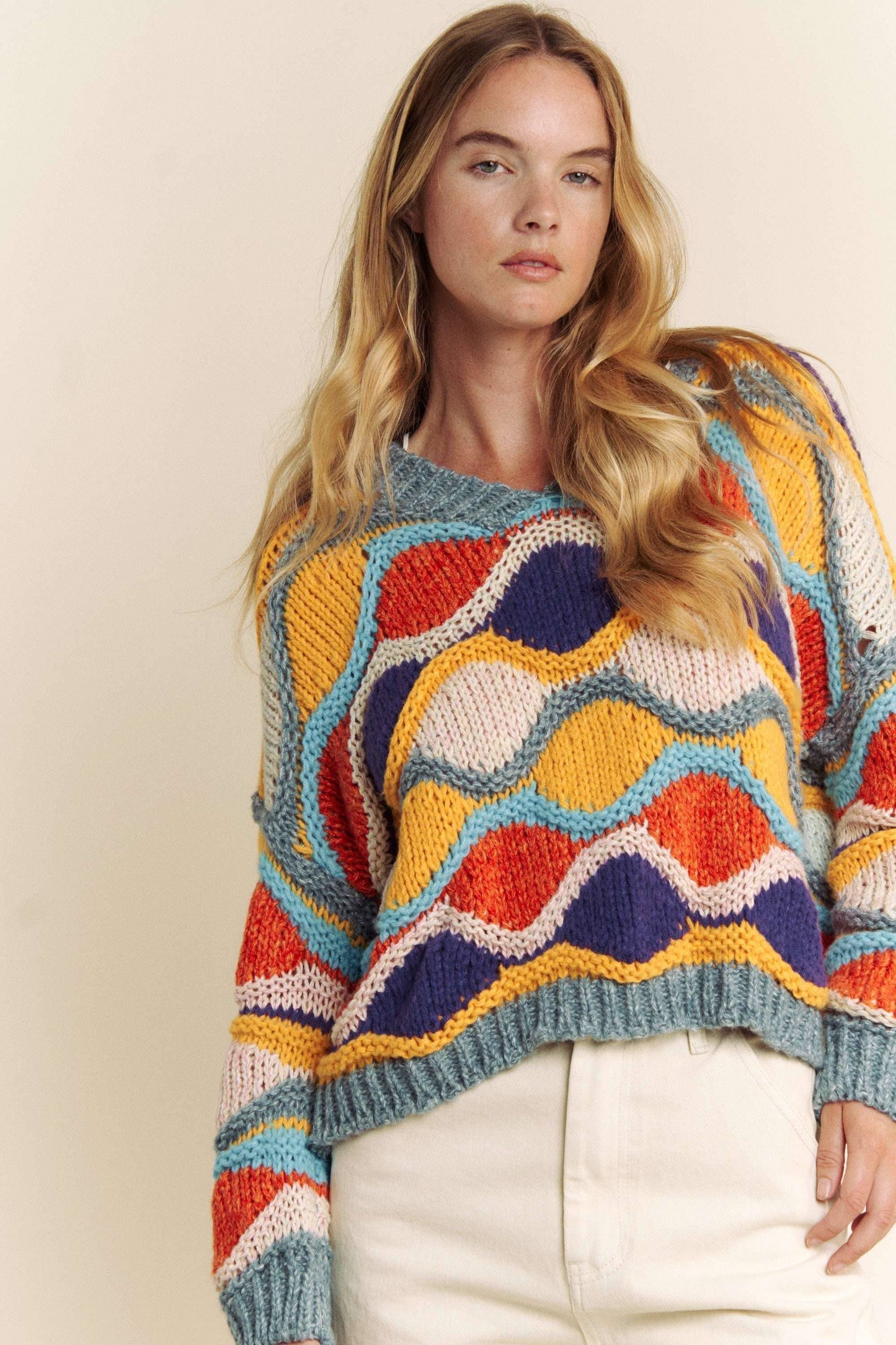 V NECK LONG SLEEVE MULTI COLOR SWEATER TOP: MULTI / M