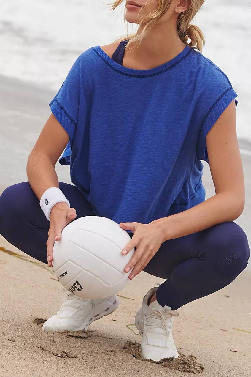 Slouchy wrapped cutout back workout short sleeve Tee: Royal / L