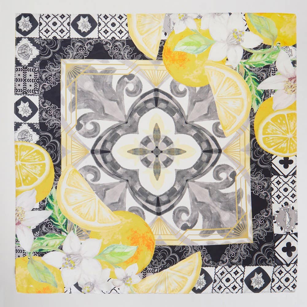 Flower And Lemons Print Square Bandana Scarf: BK