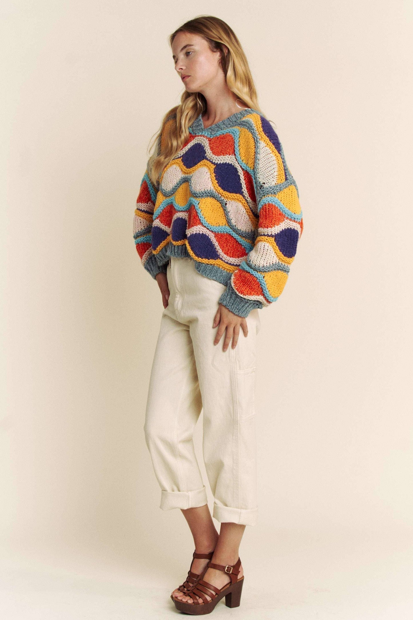 V NECK LONG SLEEVE MULTI COLOR SWEATER TOP: MULTI / M