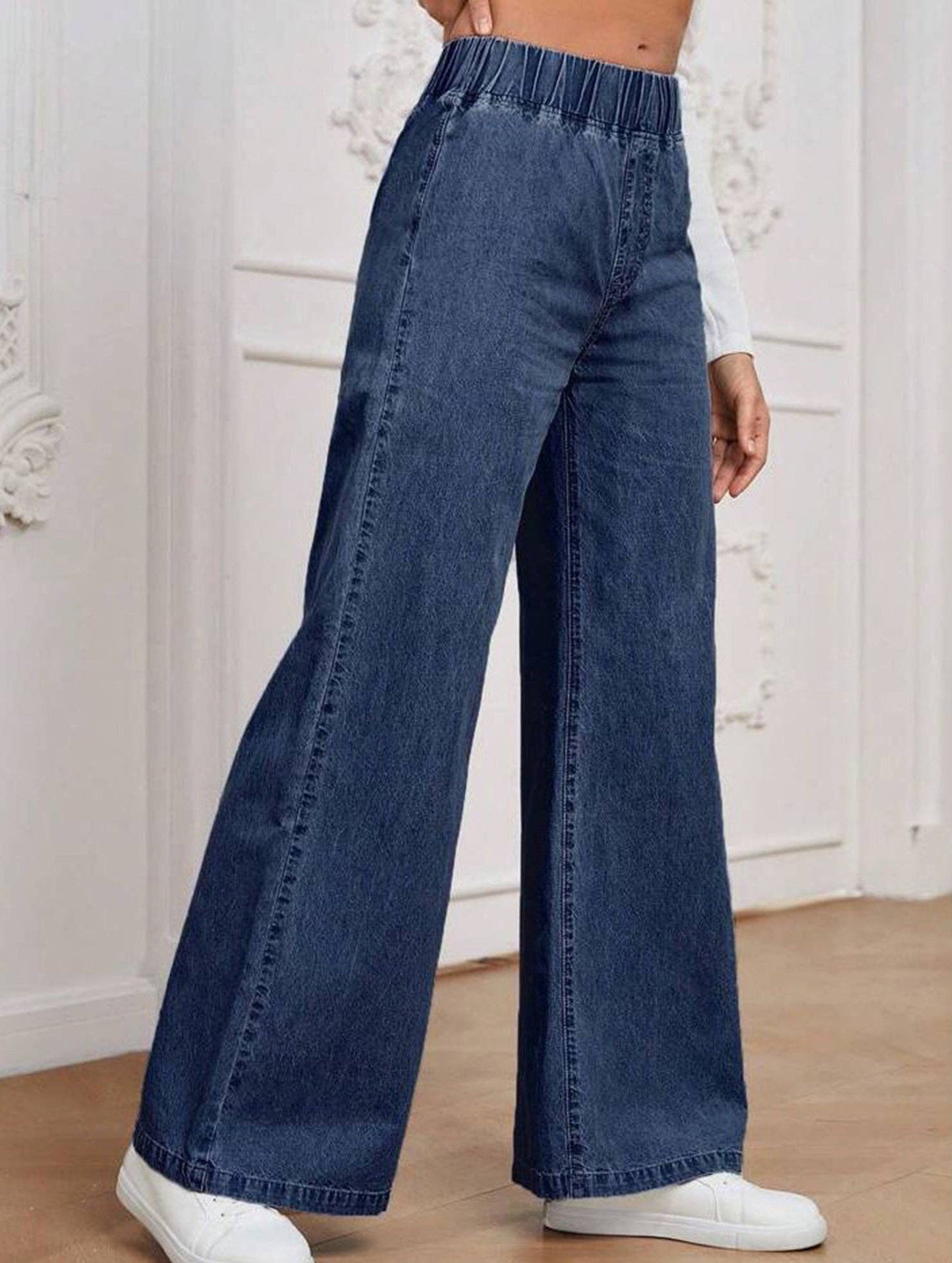 Wide-leg plus-size elastic waist jeans: DARKBLUE / (XL) 1