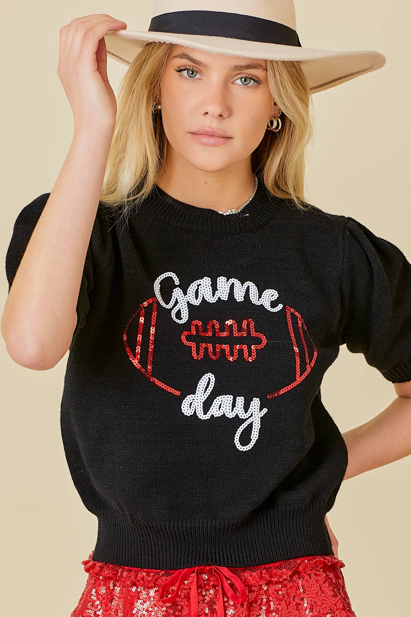 Game Day Puff Sleeve Sweater Top: Red / L