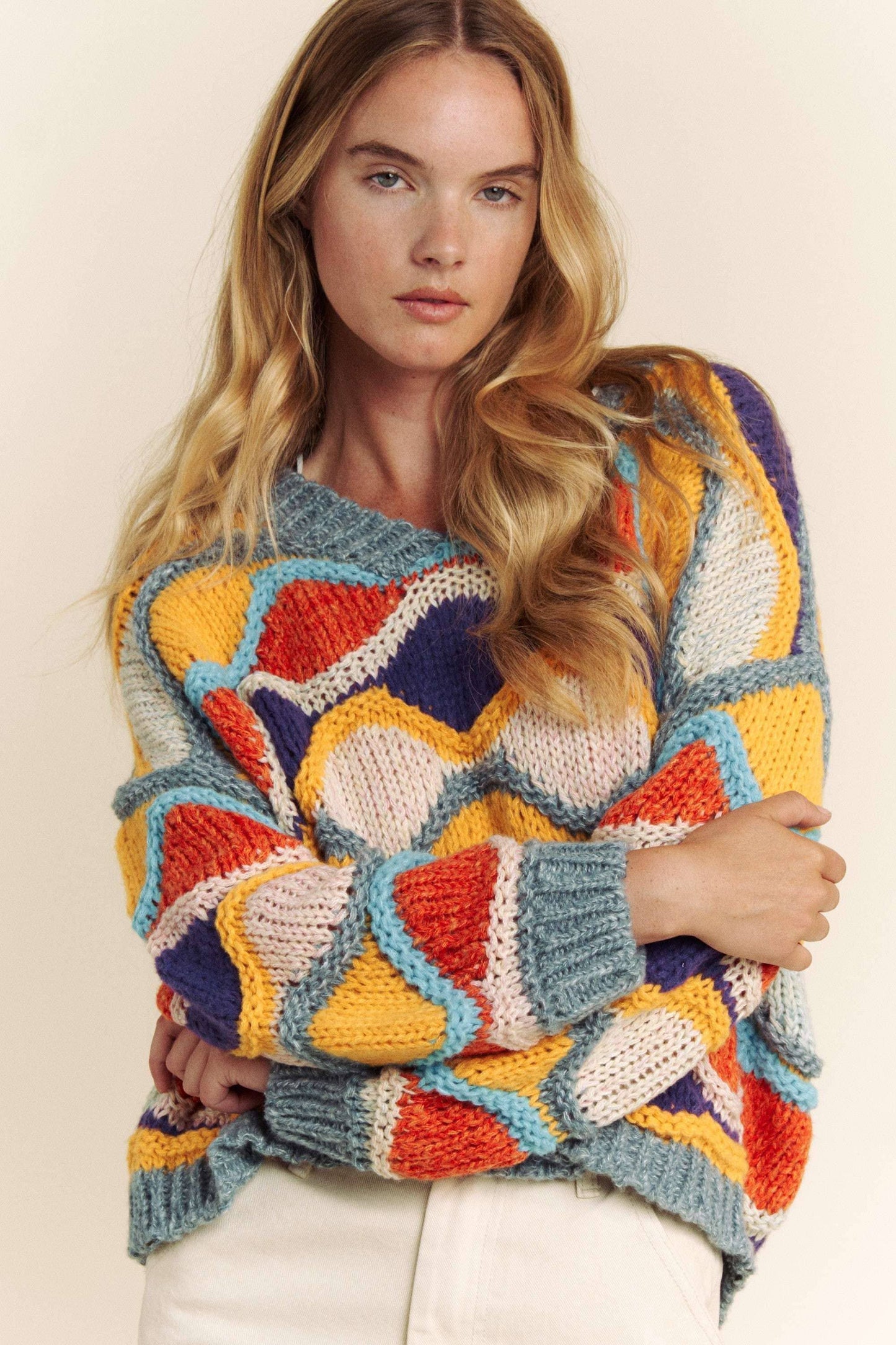 V NECK LONG SLEEVE MULTI COLOR SWEATER TOP: MULTI / L