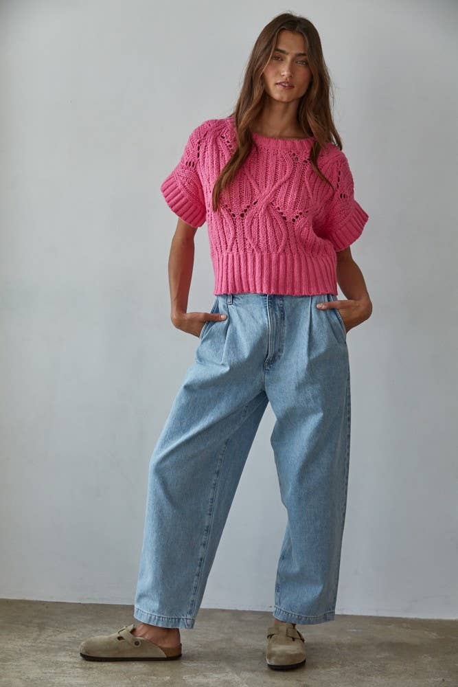 W1124 | Knit Sweater Crochet Round Neck Short Sleeve Top: Olive / Medium