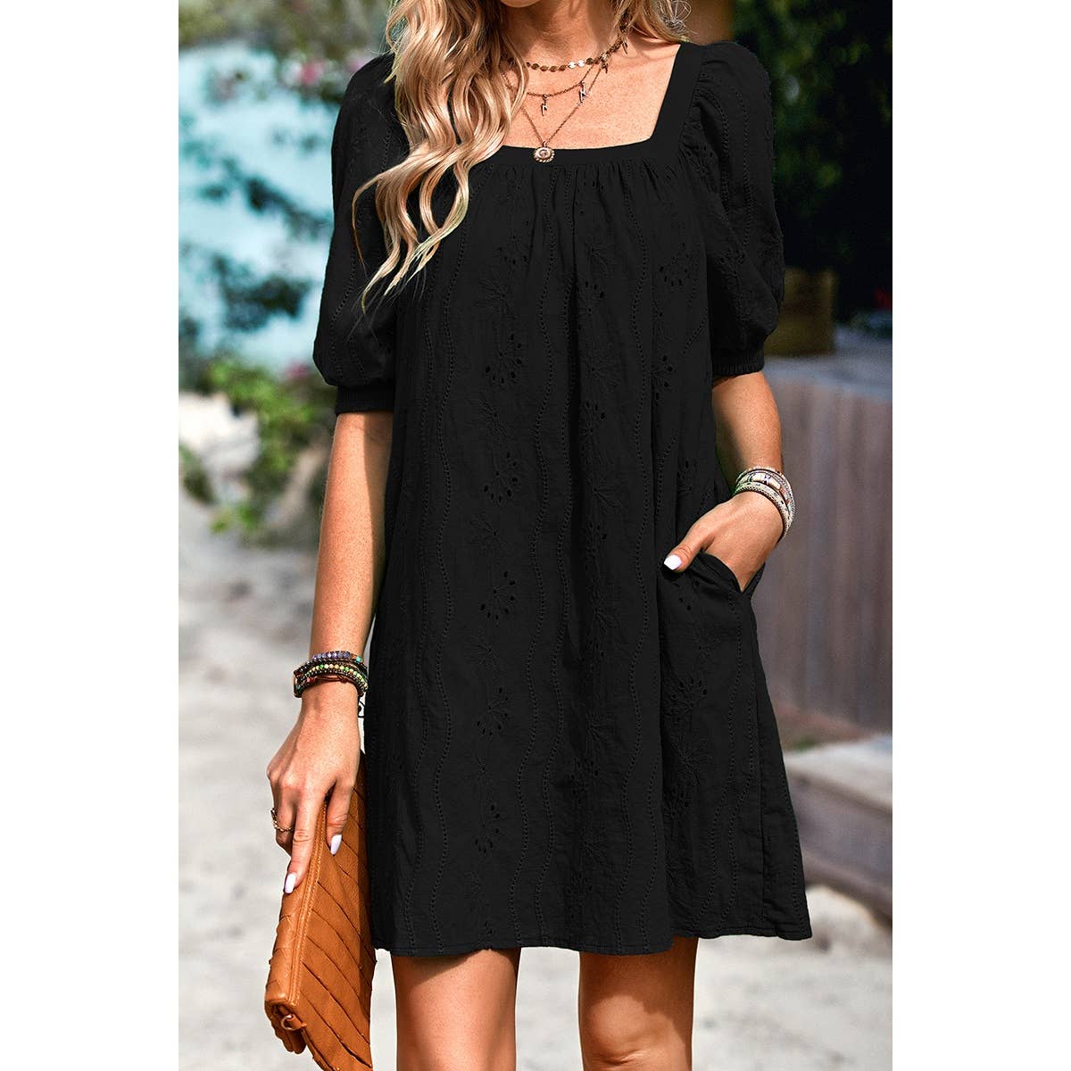 Square Neck Short Bubble Sleeve Babydoll Dress: WHITE / L