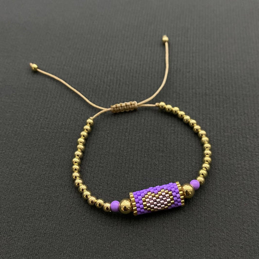 Boho Heart Pattern Seed Beads Charm Bracelet Purple