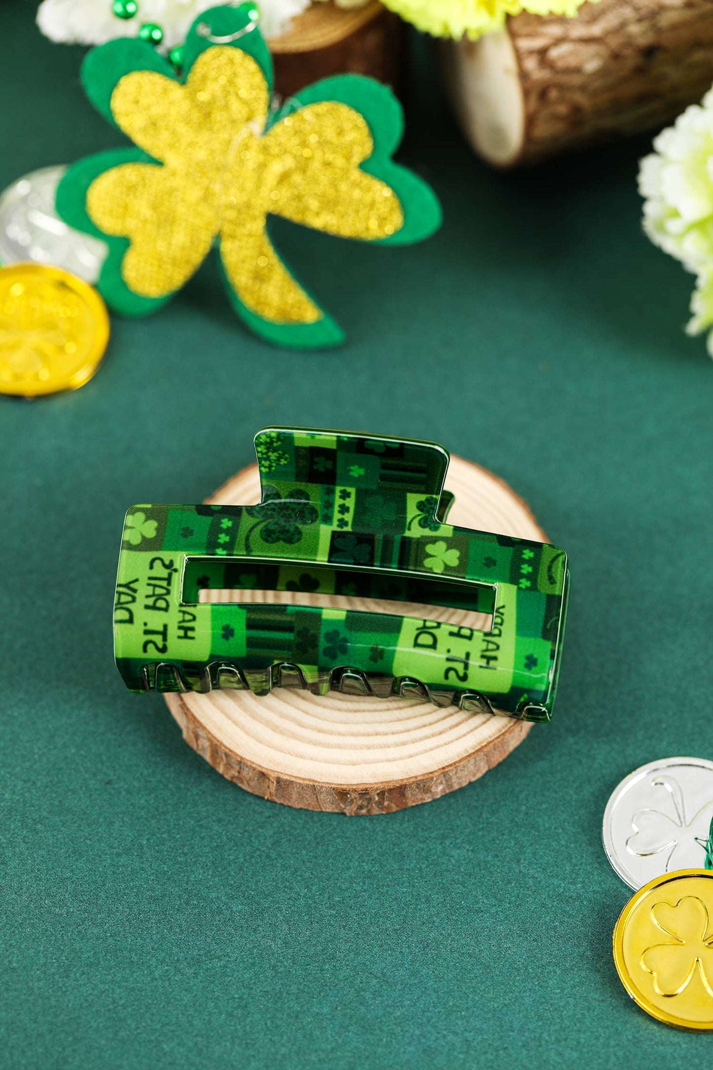 St Patricks Day Clover Square Hair Claw Clip: Dark Green / ONE SIZE