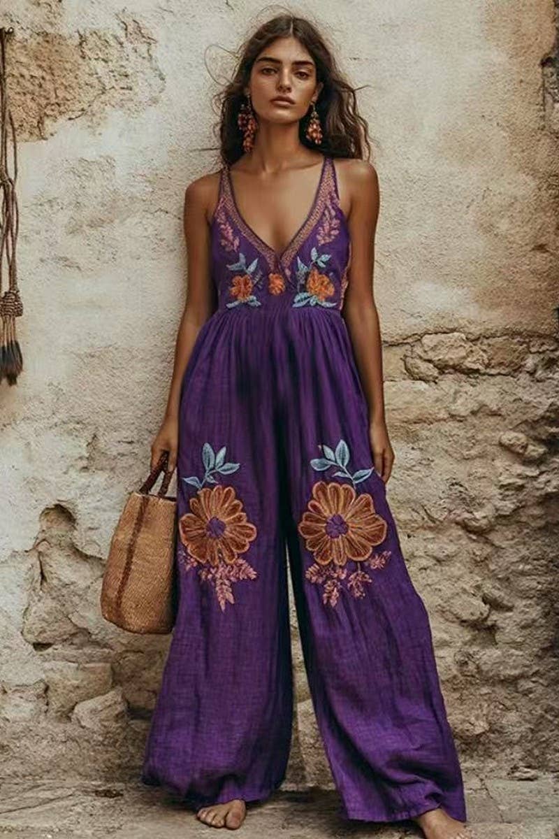 CWSJS1698_VINTAGE FLORAL COTTON LINEN STRAPPY WIDE JUMPSUIT: PURPLE / (L) 1