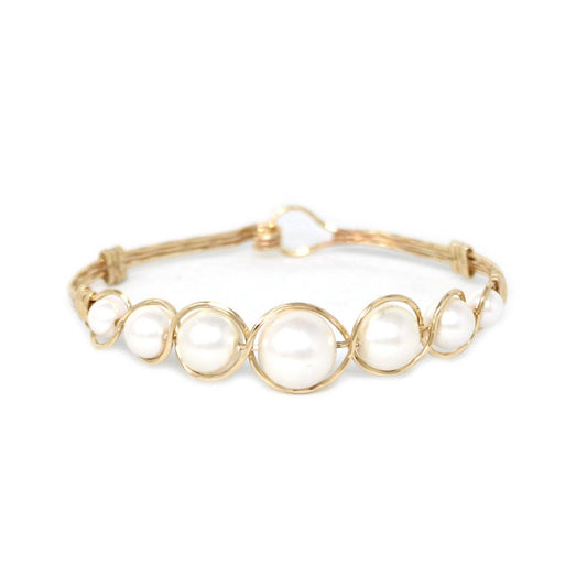 Gold Wire Wrapped with Graduated Pearl Hinged Bracelet