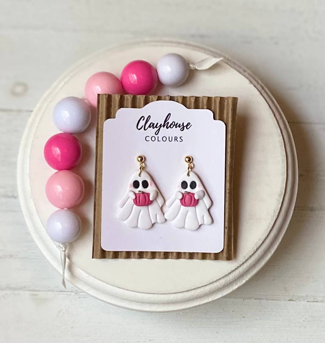 Pink Ghost & Pumpkin Earrings: Silver / Triple Pumpkins