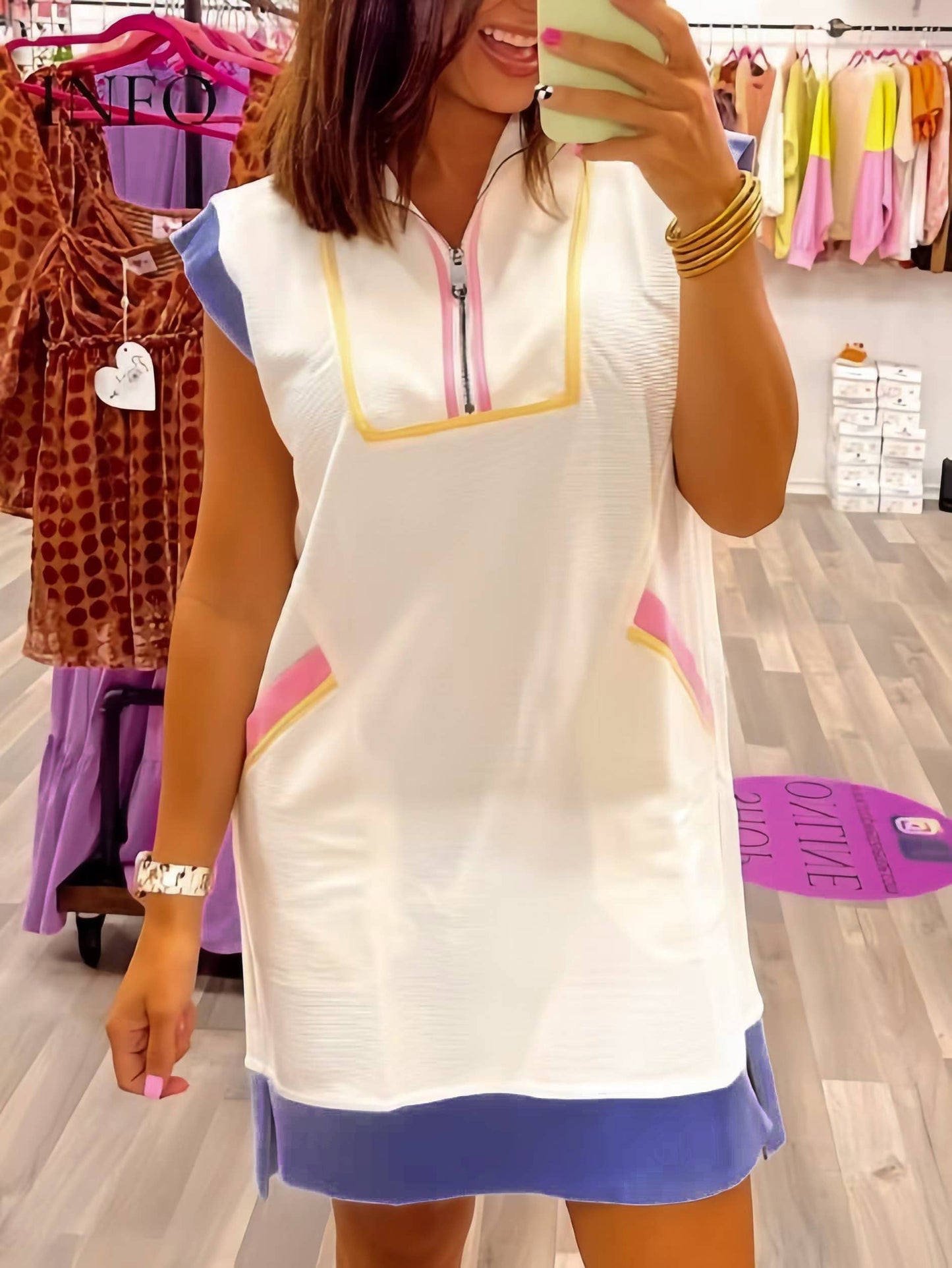 Elegant Color-Block Loose Dress: White / XL